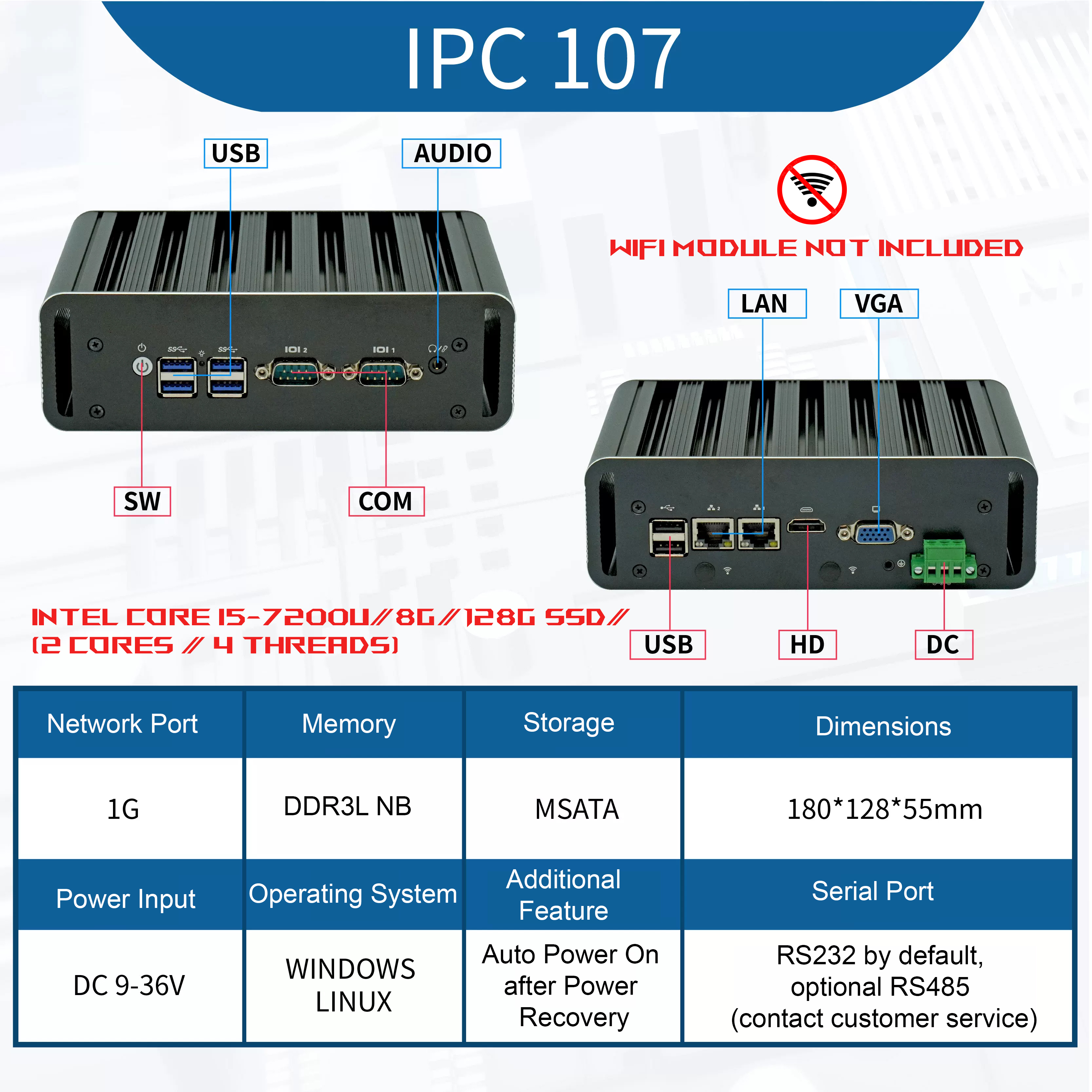  Intel Core i5-7200U-Industrial Fanless Mini PC